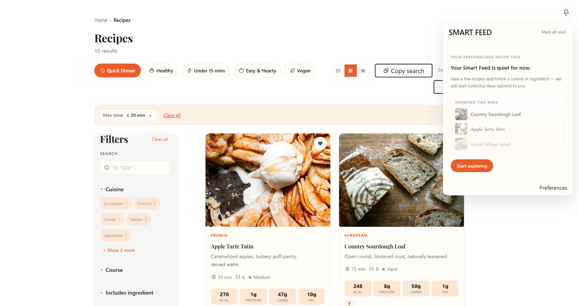 MisePress Recipes archive with filters, smart search and Smart Feed